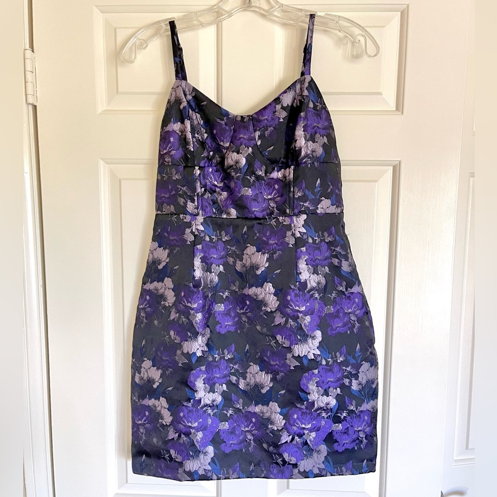 NWT Lulus “Got the Glow Purple and Blue Floral Jacquard Bustier Mini Dress”